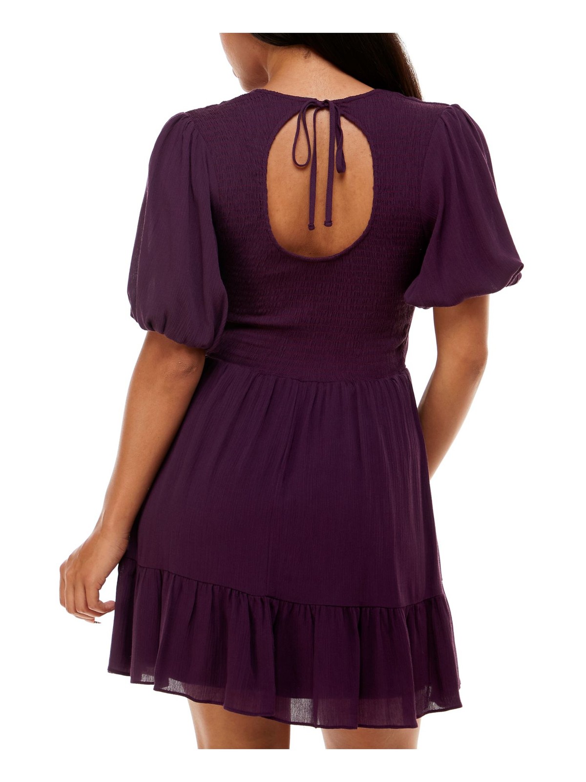 B DARLIN Womens Tie Back Lined Pouf Sleeve Short Fit + Flare Dress