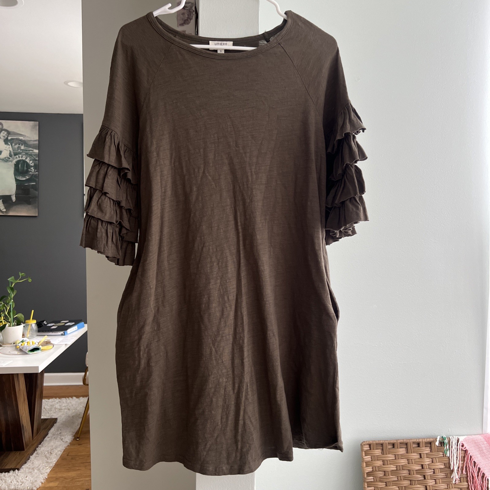 Anthropologie Umgee Dress Tiered 3/4 Ruffle Sleeve Army Green Pockets Sz Small
