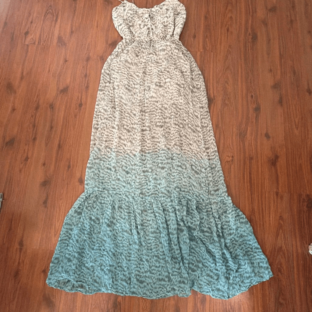 Gypsy 05 100% silk boHo green beige cream, print maxi dress. Size S