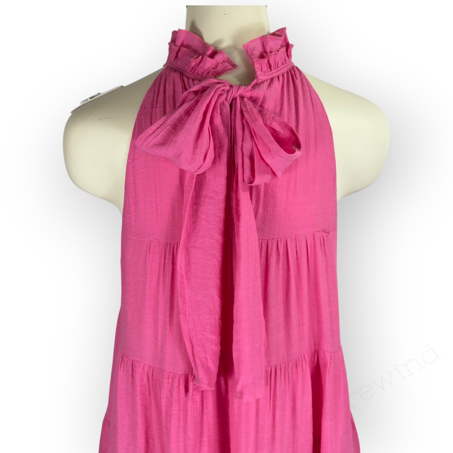 Entro Mini Dress Hot Pink Tiered Halter High-Neck Tie-Back Trapeze Sleeveless Lg