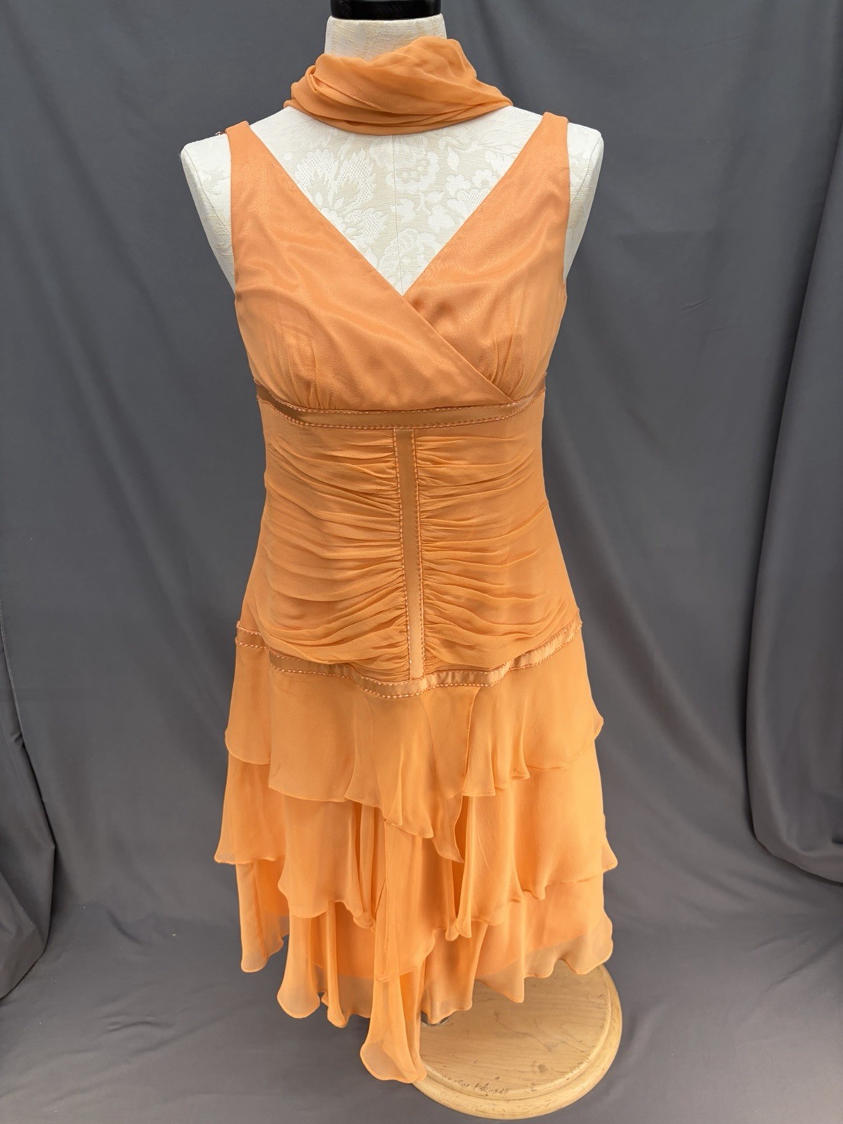 VTG CAILAN’D Orange Beaded Ruffled Midi Dress Size 16 with Matching Neck Scarf