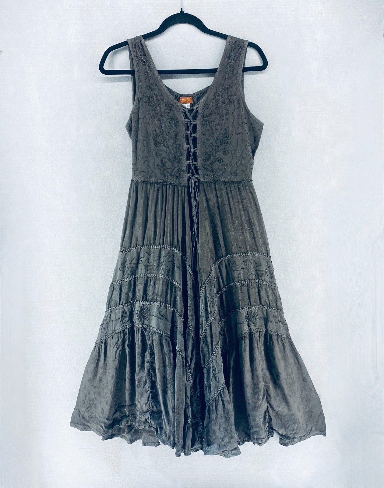 Scully Dress Womens L Taupe Brown Embroidered Corset Country Circle Western