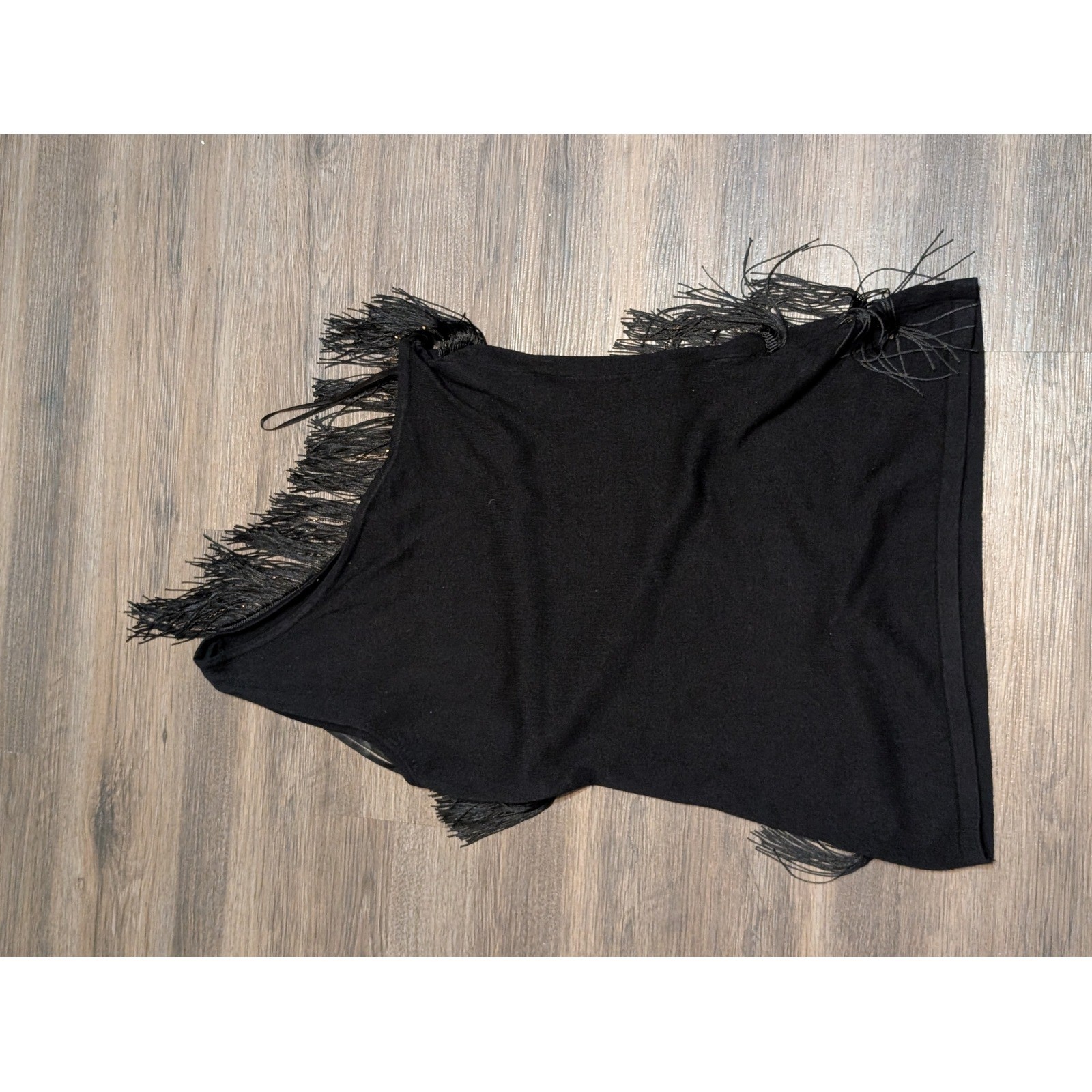 Cache Black One Shoulder Tiered Fringe Knit Party Dress Large L RN 74578