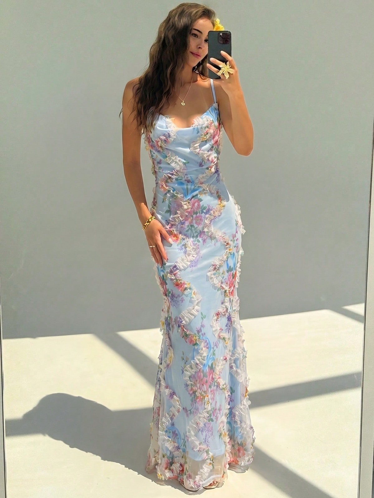 Ladies Elegant Light Yellow Ruffle Collar Maxi Dress