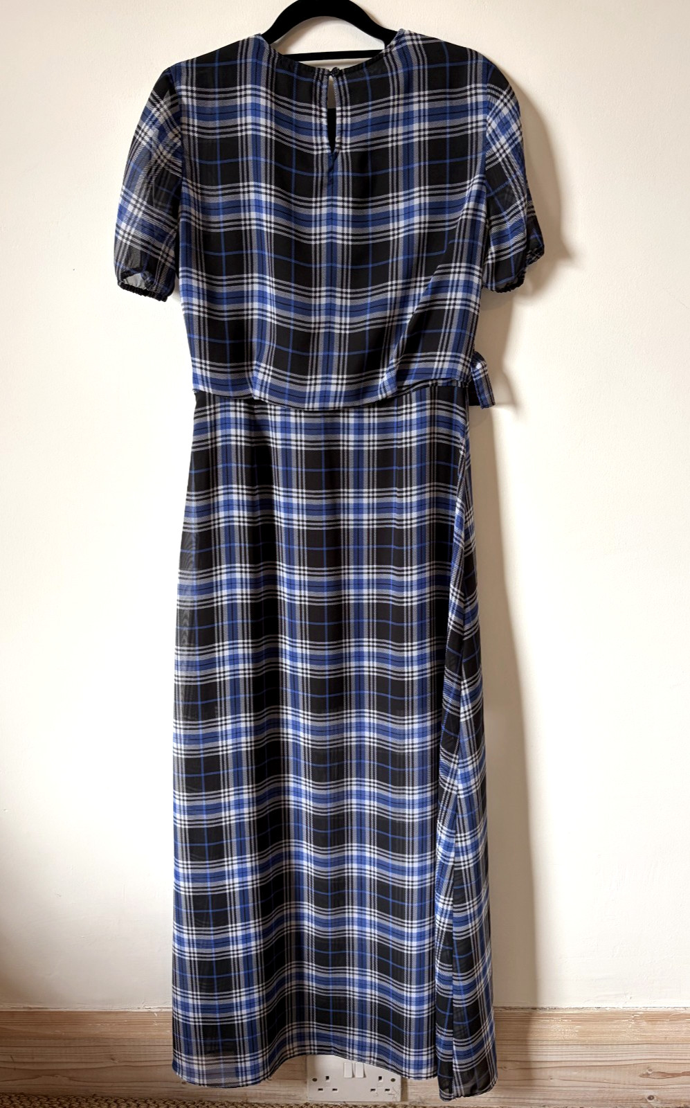Maje Side-Ruched Plaid Tartan Blue and Navy Long Dress Ruffle UK size 10