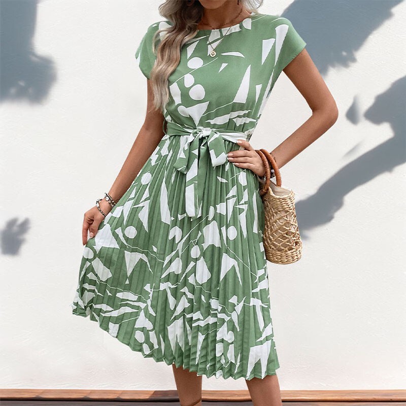 New Sleeveless Temperament Commuter Dress | Lace-Up Pleated Round Neck Skirt