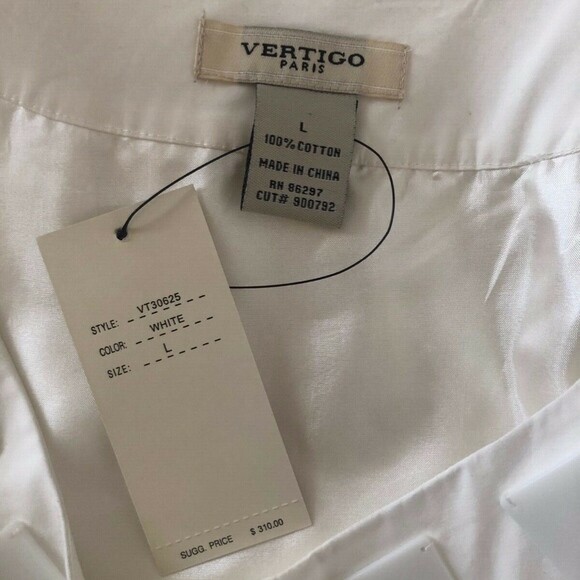 Vertigo Paris -Crisp White Cotton Shift Dress Jeweled Neckline Sz. L