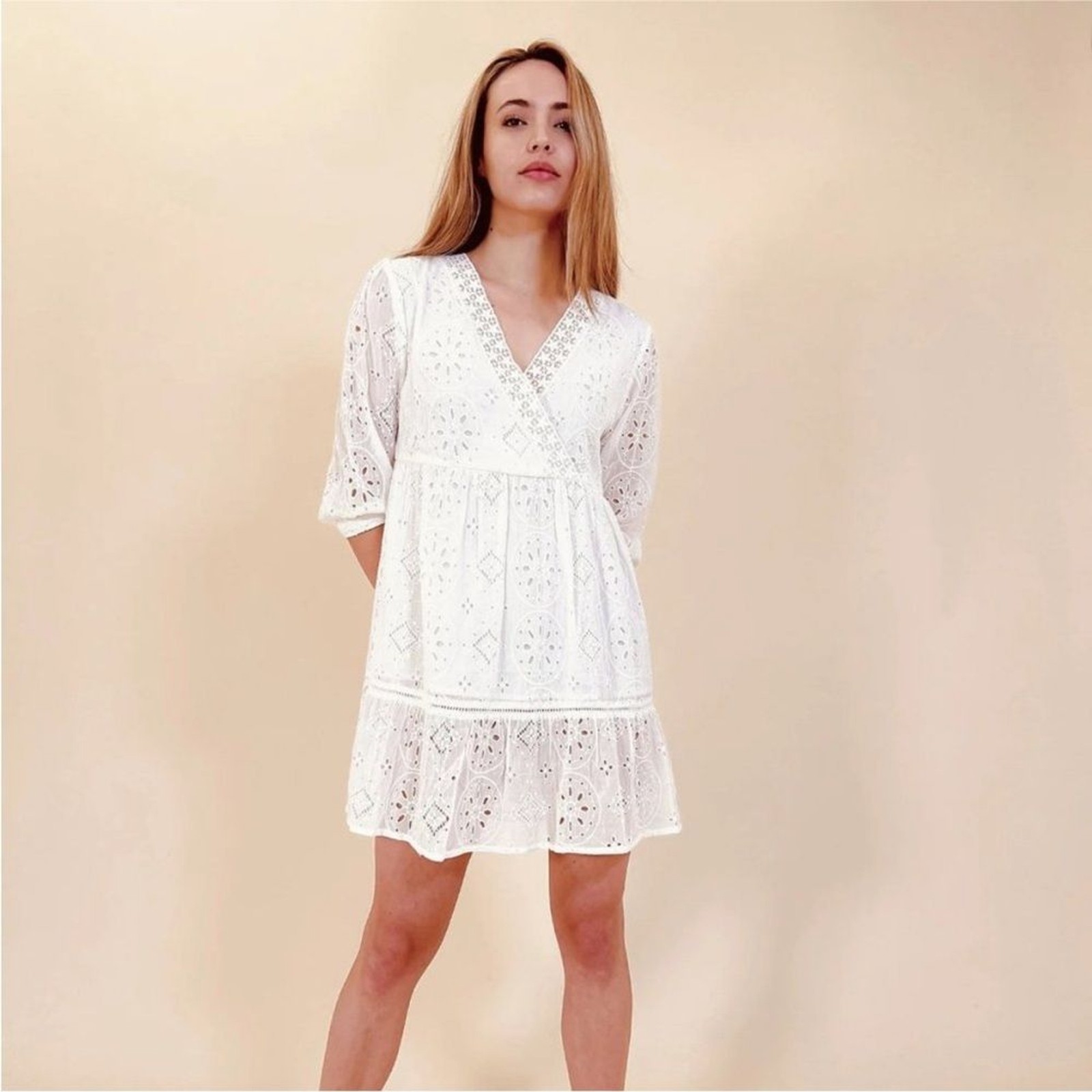 Debbie Katz South Beach Bree Eyelet Swim Coverup White 3/4 Sleeve Dress XL