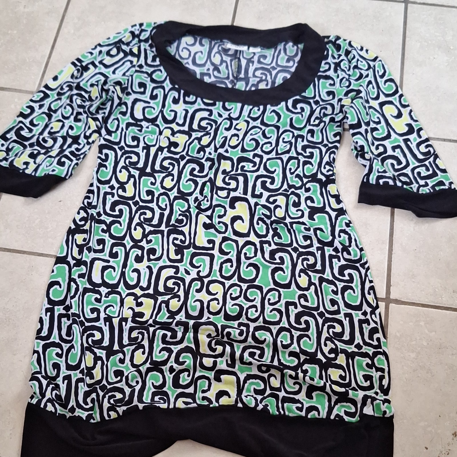 Cato Womens Shift Dress Black Green Geometric Stretch Crew Neck Size S