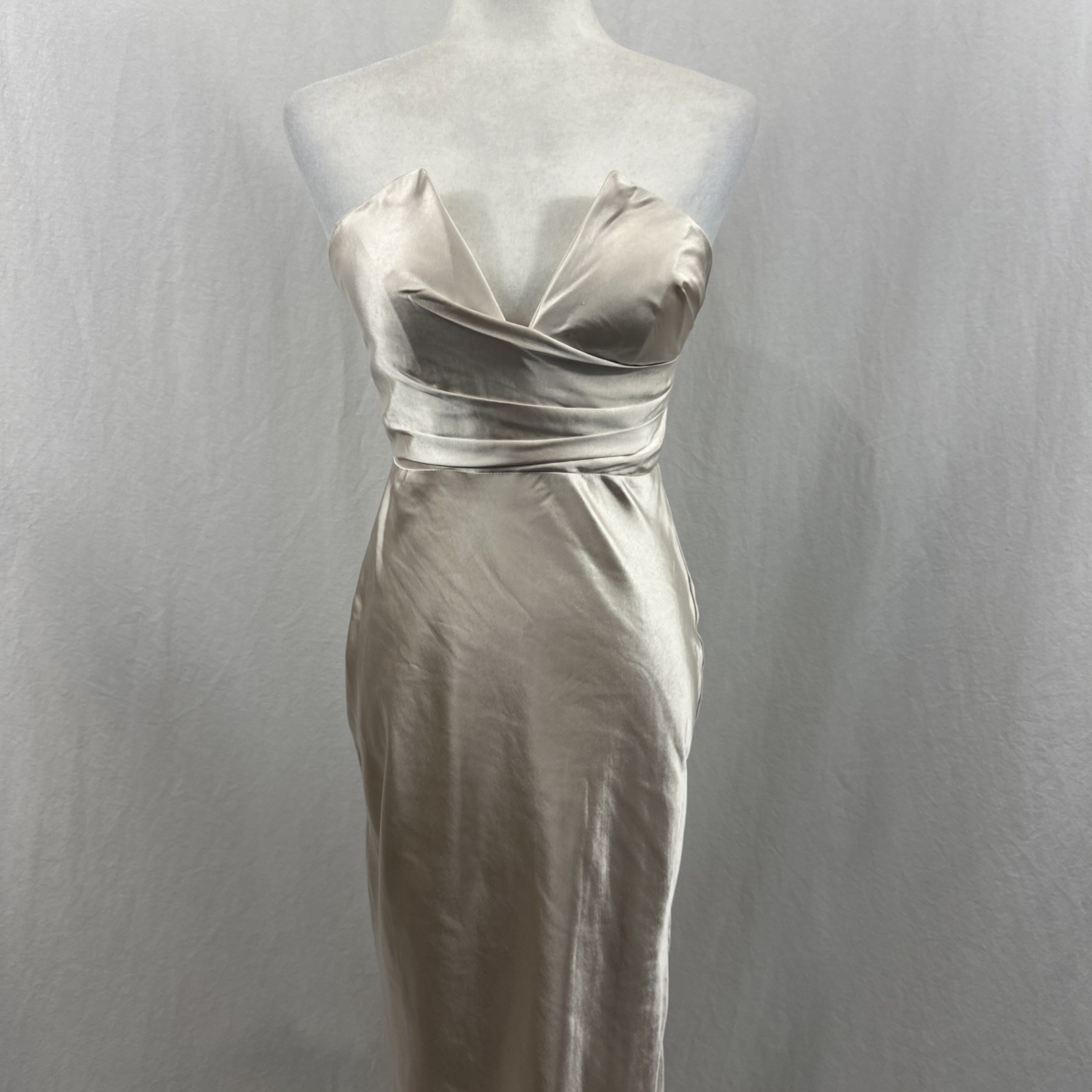 Saints & Secrets Champagne Strapless Vneck Satin Dress Womens S **READ** Formal