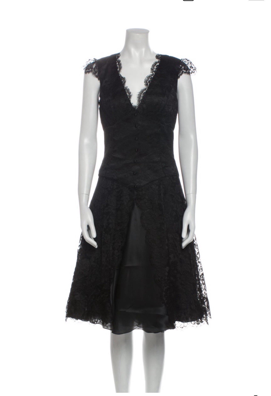 $1200 Pamella Roland Black Lace V-neck Midi A-line Dress Size S US 4