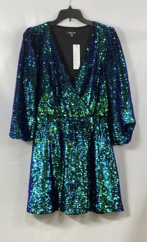 Sugar Lips Women’s Sequin Mini Dress Iridescent Blue Green Surplice NWT Sz M