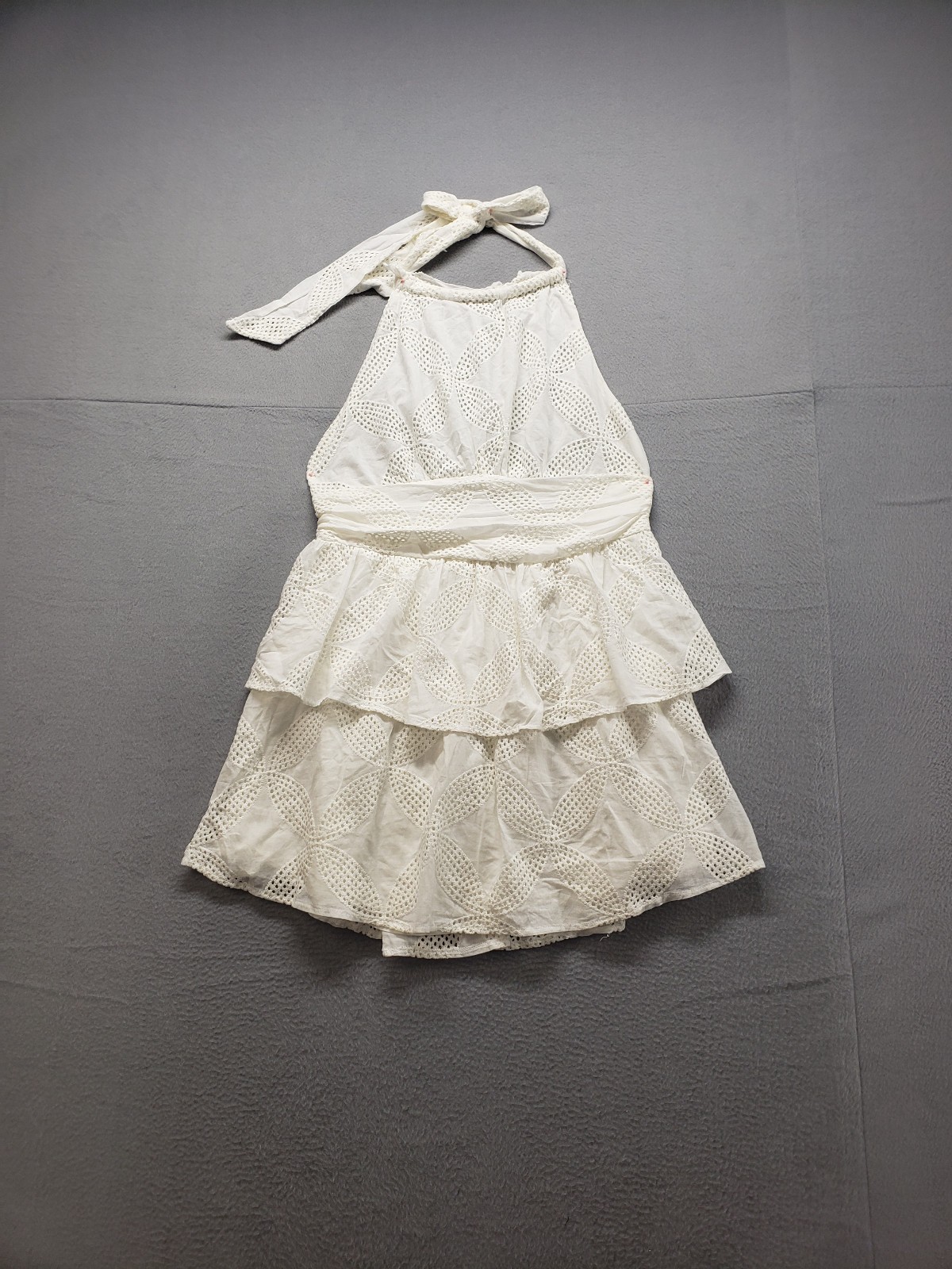All About May Women Tiered Dress 10 White Lace Halter Ruffle Back Zip Layered