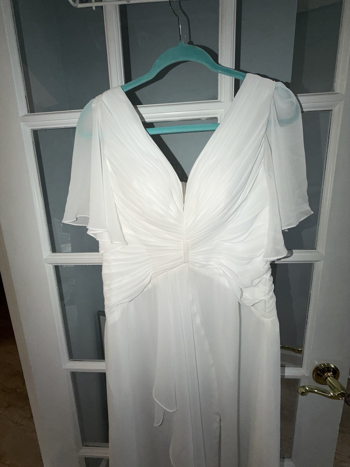 Wedding V Neck Flutter Sleeve Lace Up Back Bridal White Ruched Dress SZ 4 New