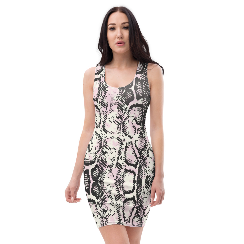 Pink Gray Black Snakeskin Custom Print Sleeveless Bodycon Fitted Dress XS-XL