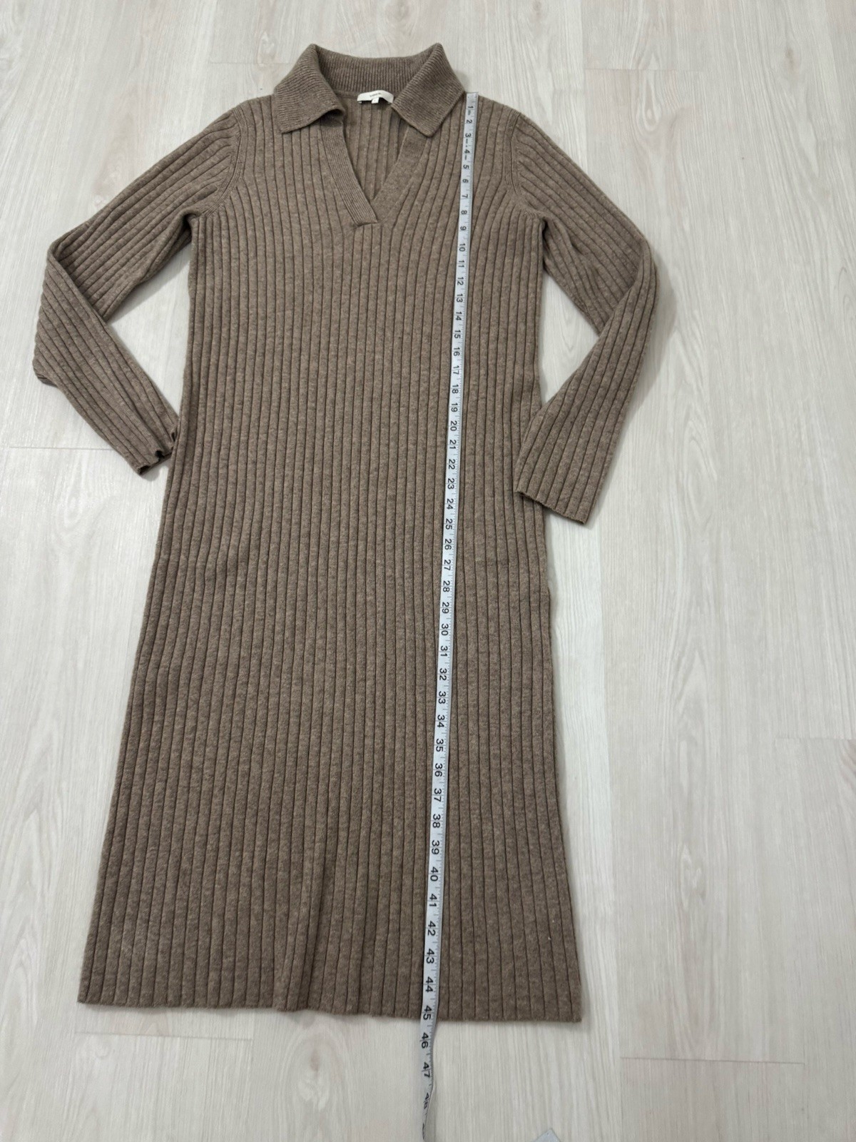 Vince Cashmere Wool Collared Ribbed Sweater Dress Polo Knit Brown Mocha Tan L