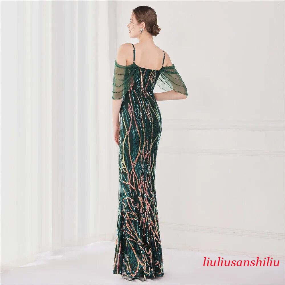 Women’s Wedding Elegant Beading Evening Green Sequin Strap Maxi Long Prom Dress