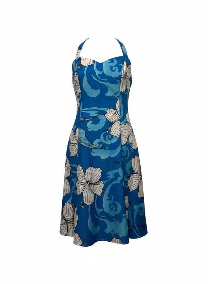Blue Floral Halter Neck A-Line Dress