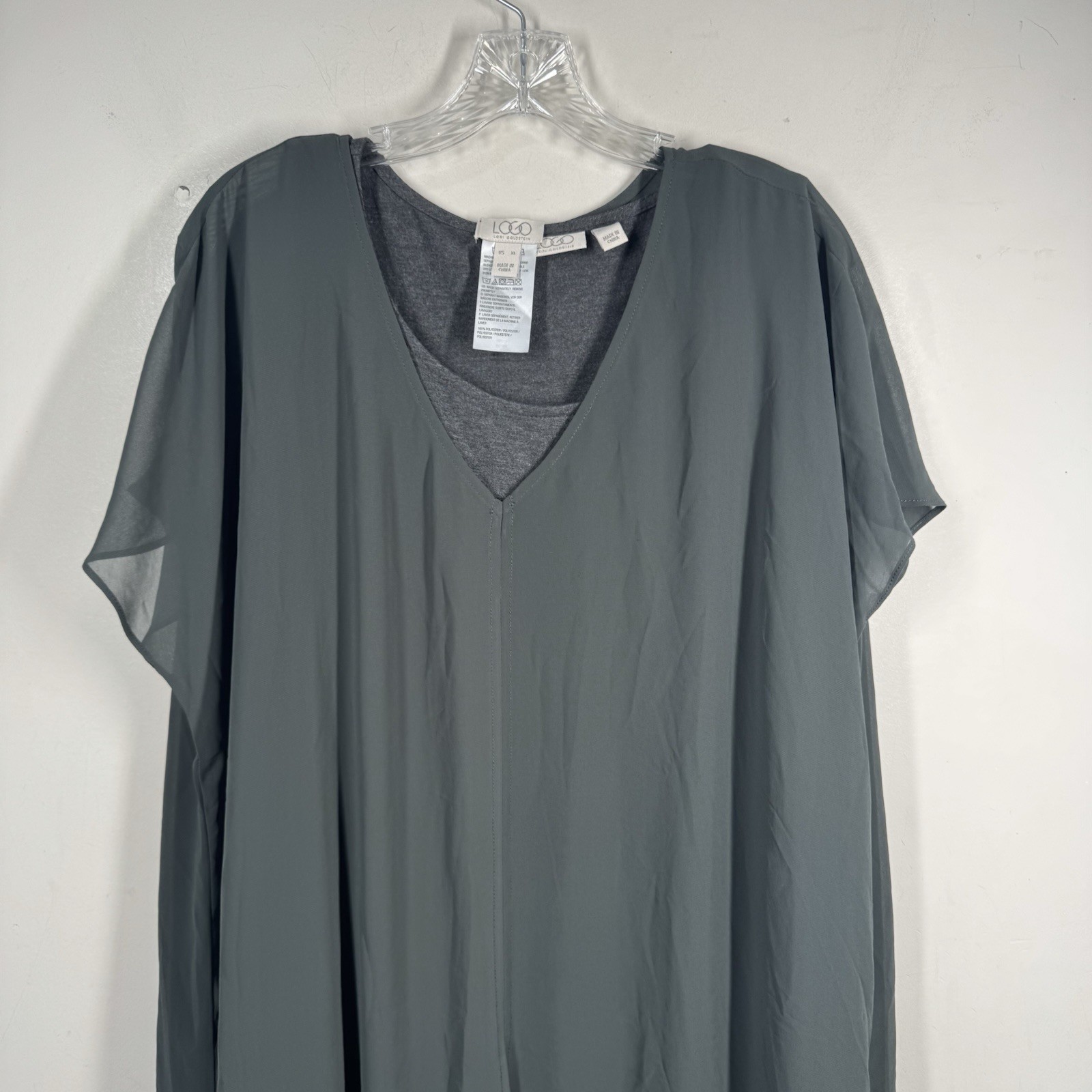 Logo Lori Goldstein Green Gray Layered Chiffon Jersey Stretch Maxi Dress Sz XL