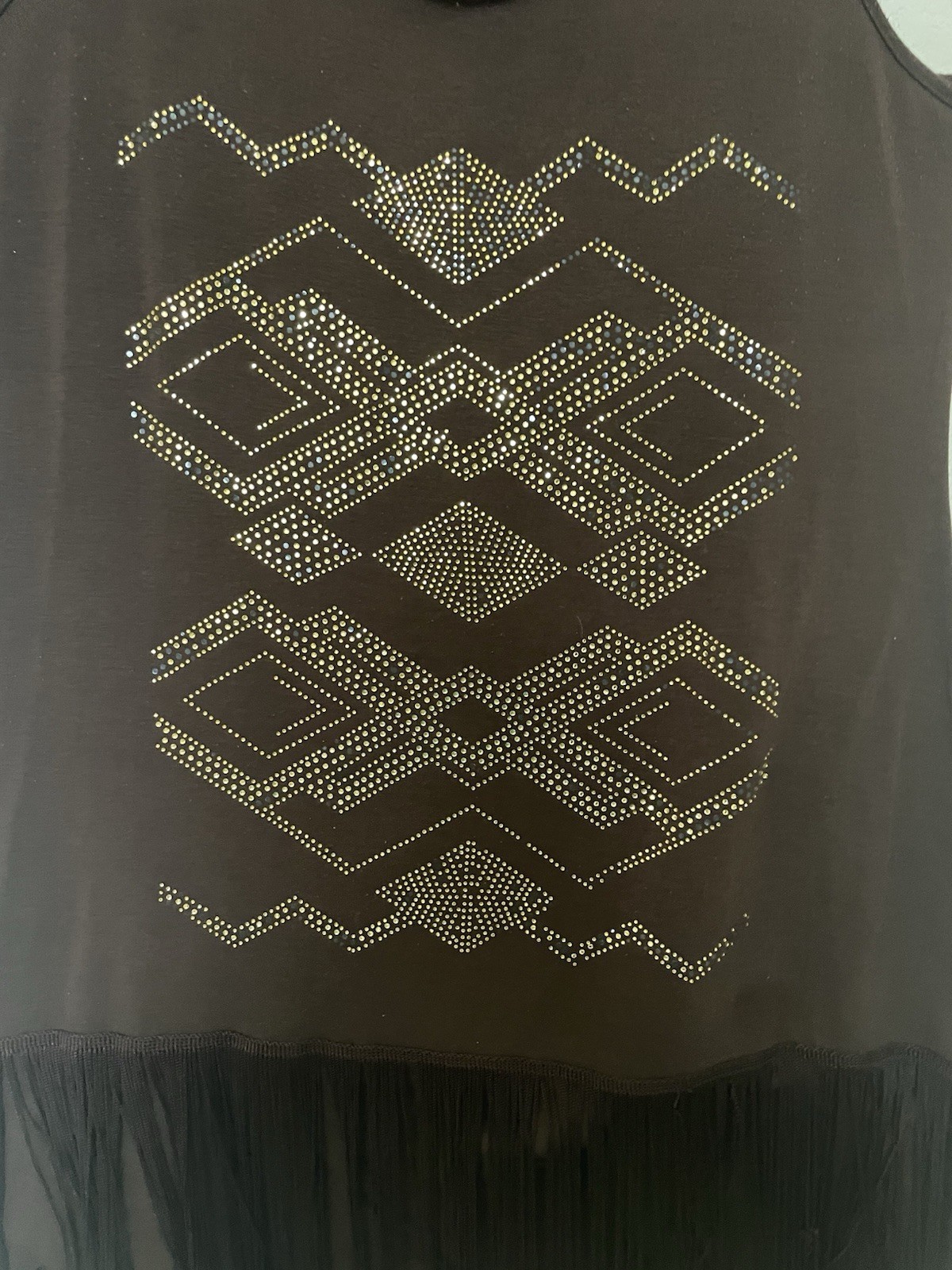 Dots Brown Fringe Dress Large Aztec Geometric Gold Rhinestone Studded Boho