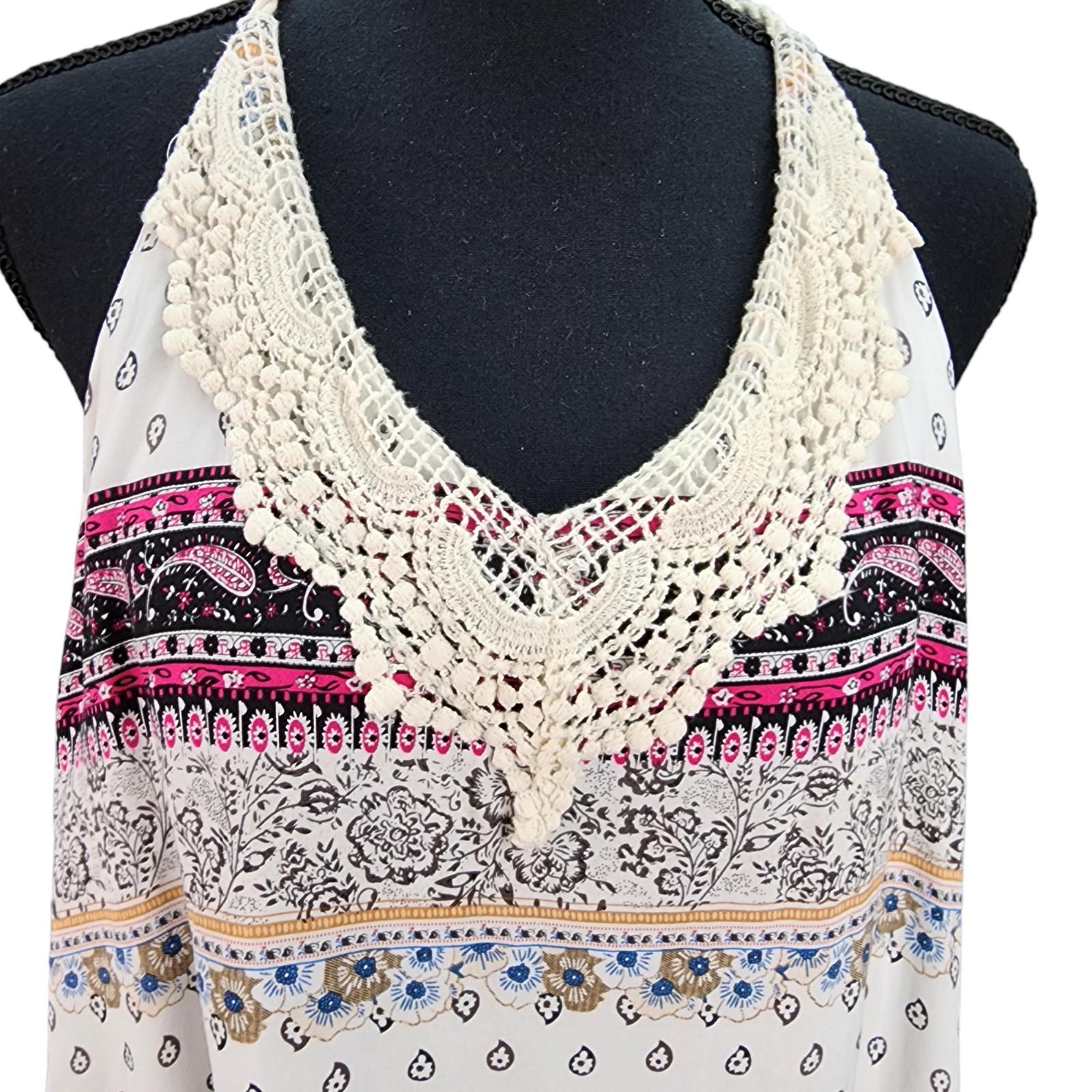 Women Medium Boho Halter Sundress Crochet Trim Shift Dress Lined Vacation Summer