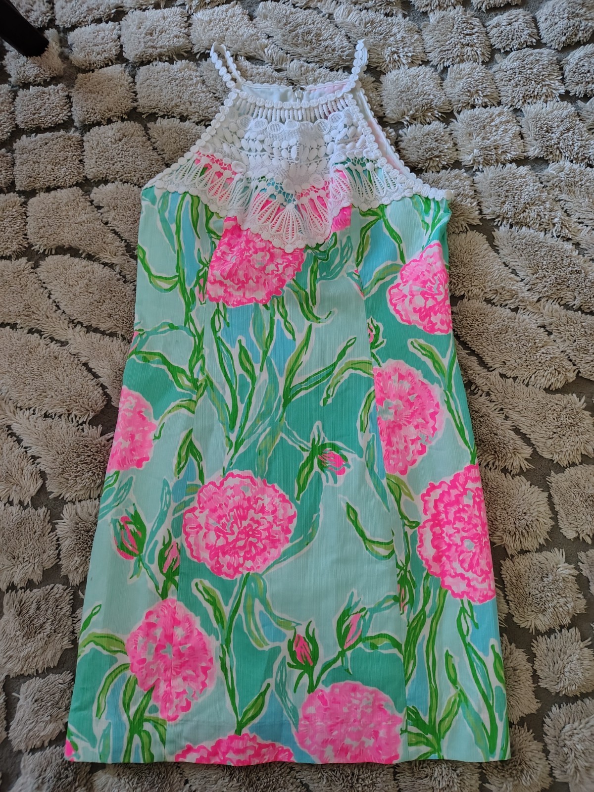 Lilly Pulitzer Pearl Shift Dress Size 6 Poolside Blue Crochet Lace Neck
