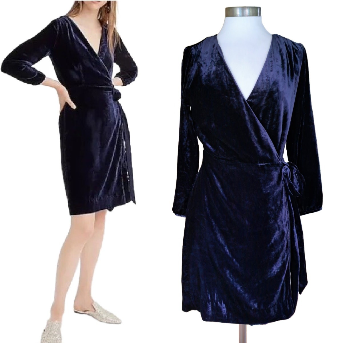 J CREW Velvet Wrap Dress Size 4 Navy Blue Party 3/4 Sleeve Holiday Classic