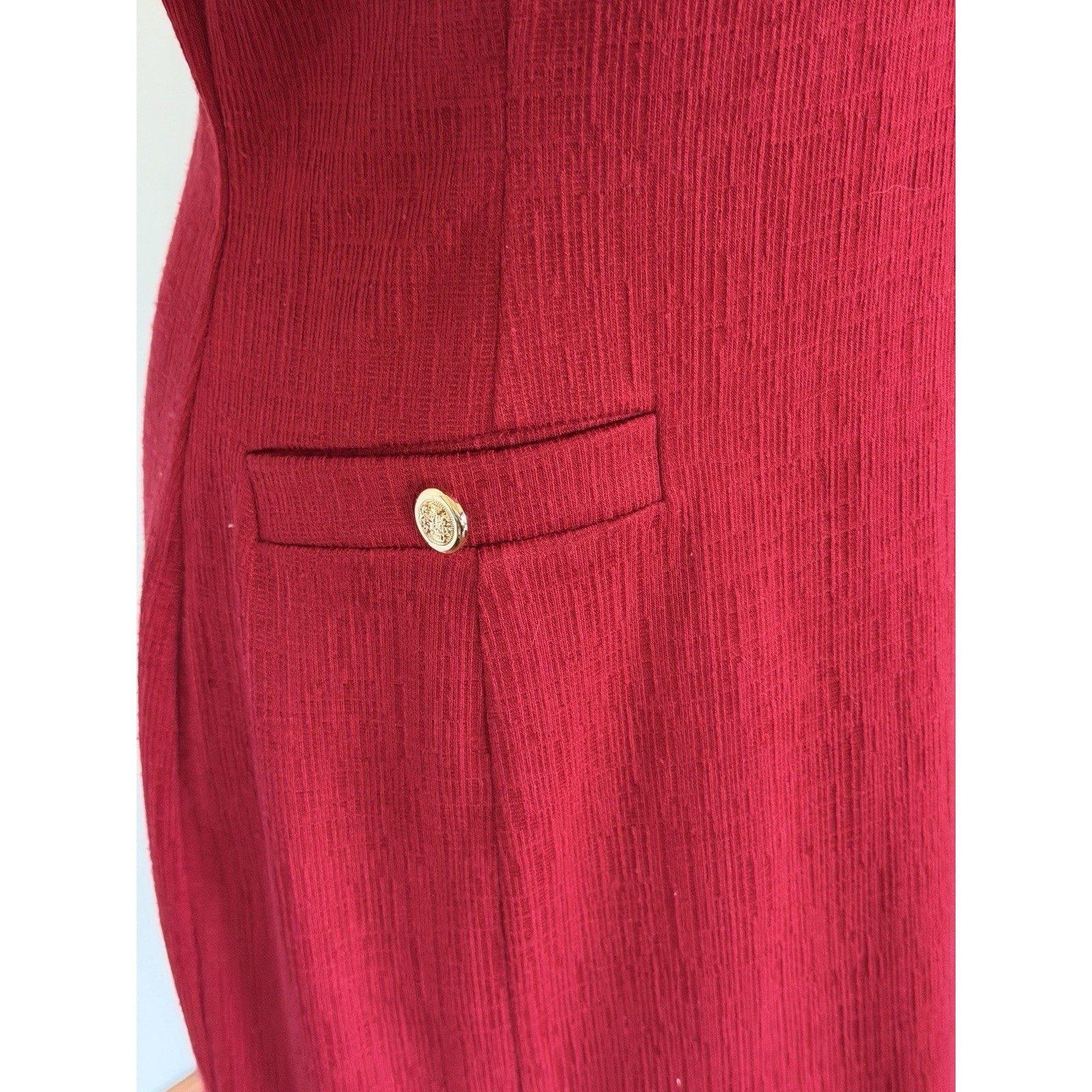 Office Siren Red Career Shift Dress Office Conference Pencil gold Buttons Sz 14