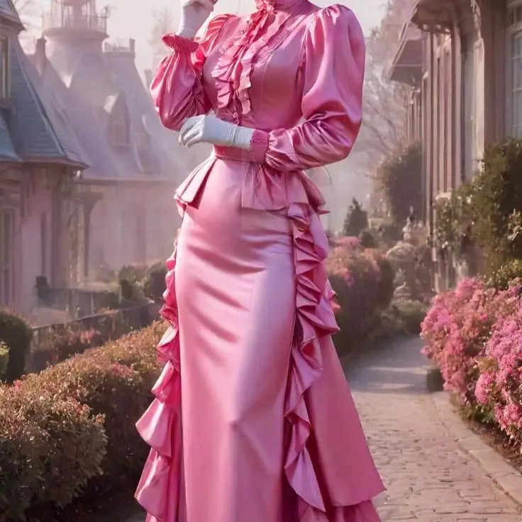 Vintage Victorian Prom Dresses Puff Long Sleeves High Collar Pink Satin Dress