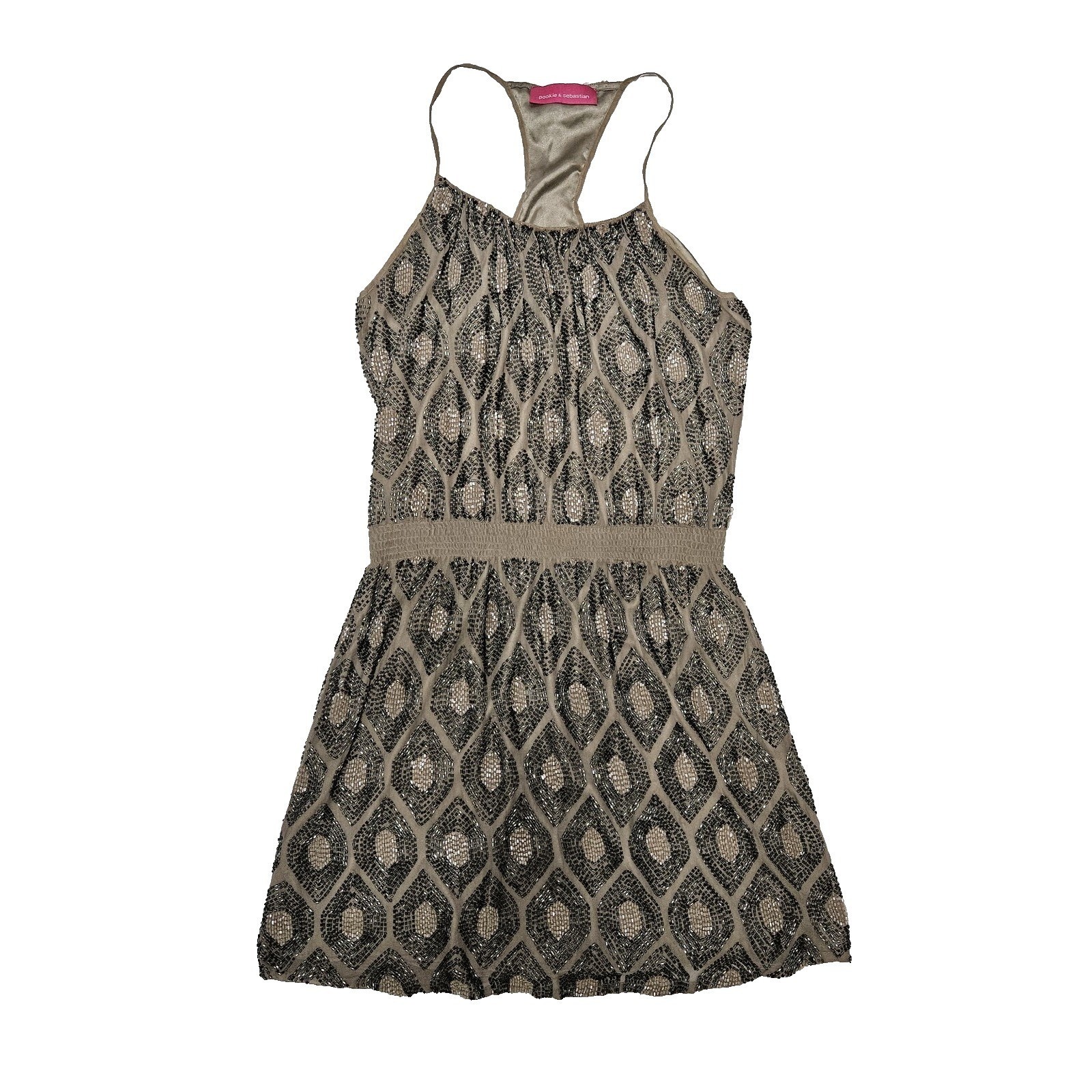 Pookie & Sebastian Mini Dress Womens S Taupe Silk Beaded Diamond Racerback