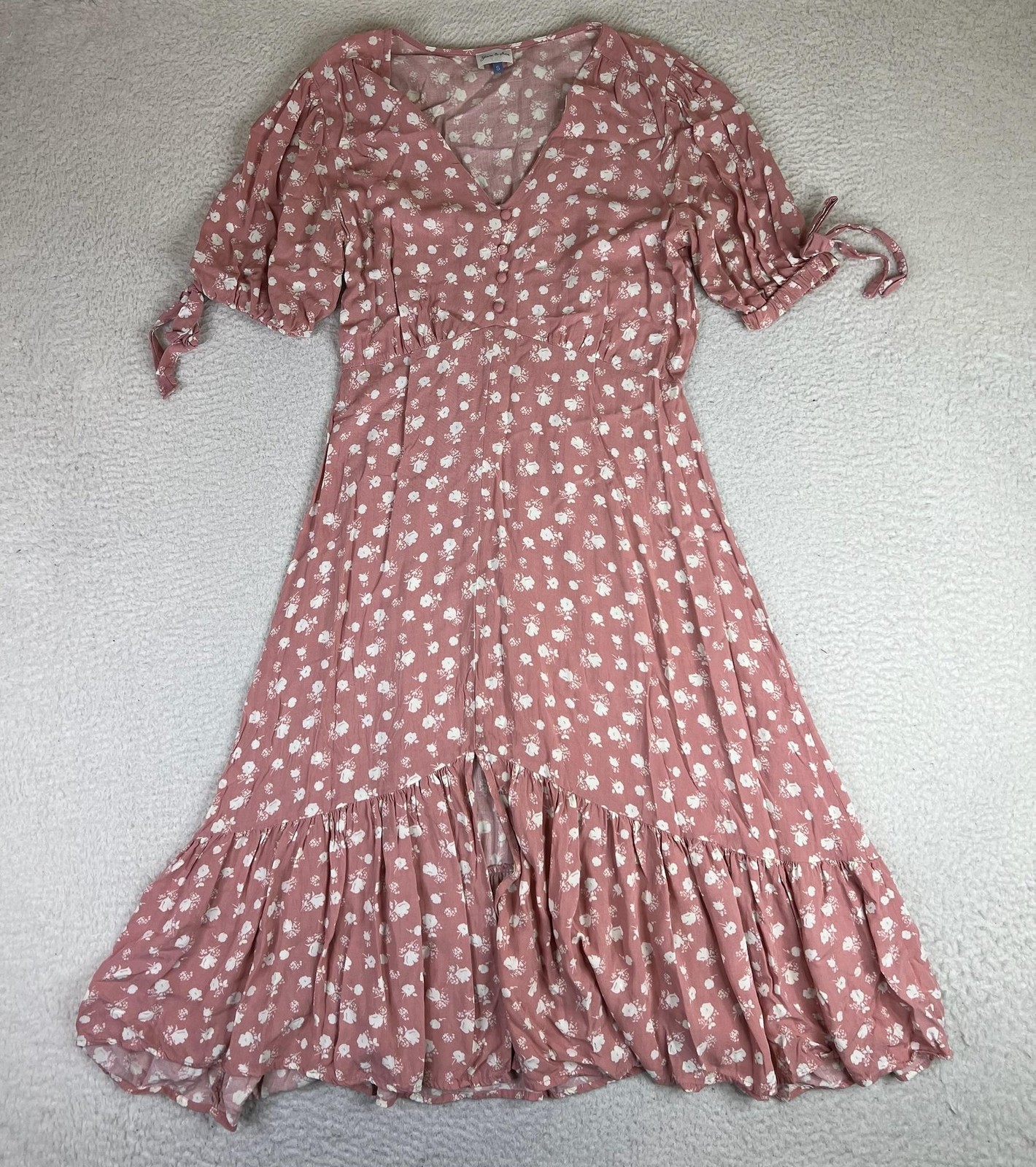 Yarn & Sea Dress Womens Small Pink Floral Fit Flare Puff Sleeve Ruffle Midi