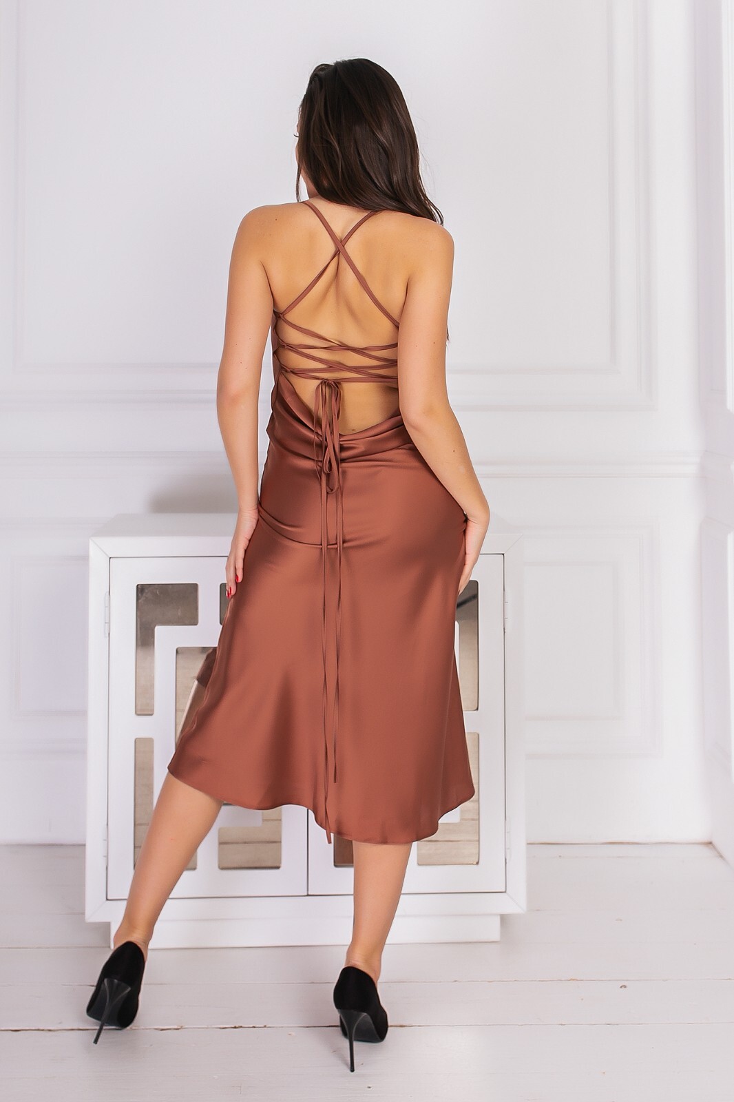 Bronze Brown Silk Satin Slip Midi Dress Open Back Lace-up Bridesmaid dress