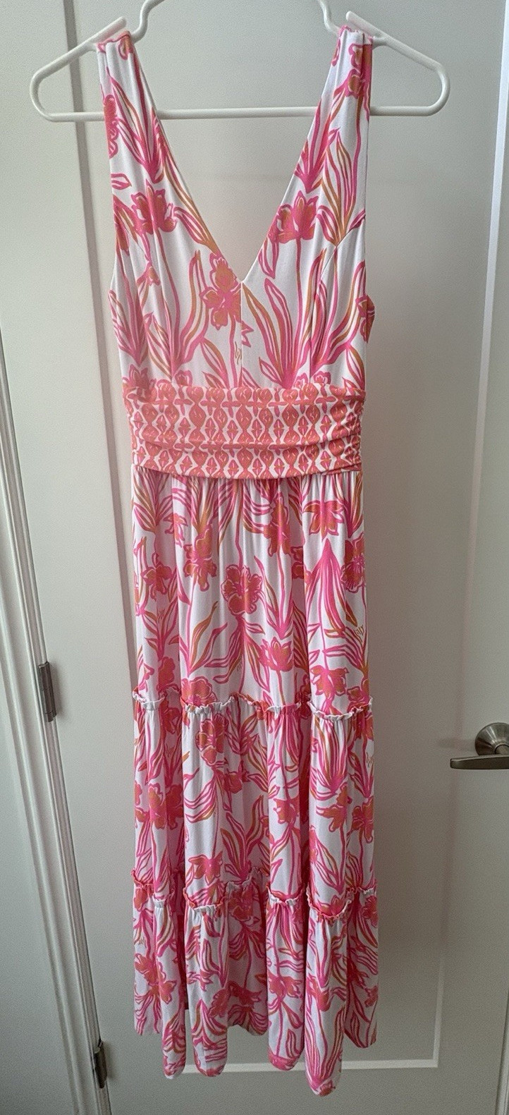 Lilly Pulitzer Skylar Midi Dress XS White Pink Orange Floral Sleeveless V-Neck