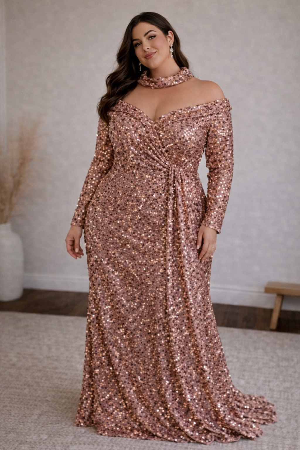 New Rose Gold Sequin Formal Gown Long Sleeve Evening Maxi Dress Plus Sizes