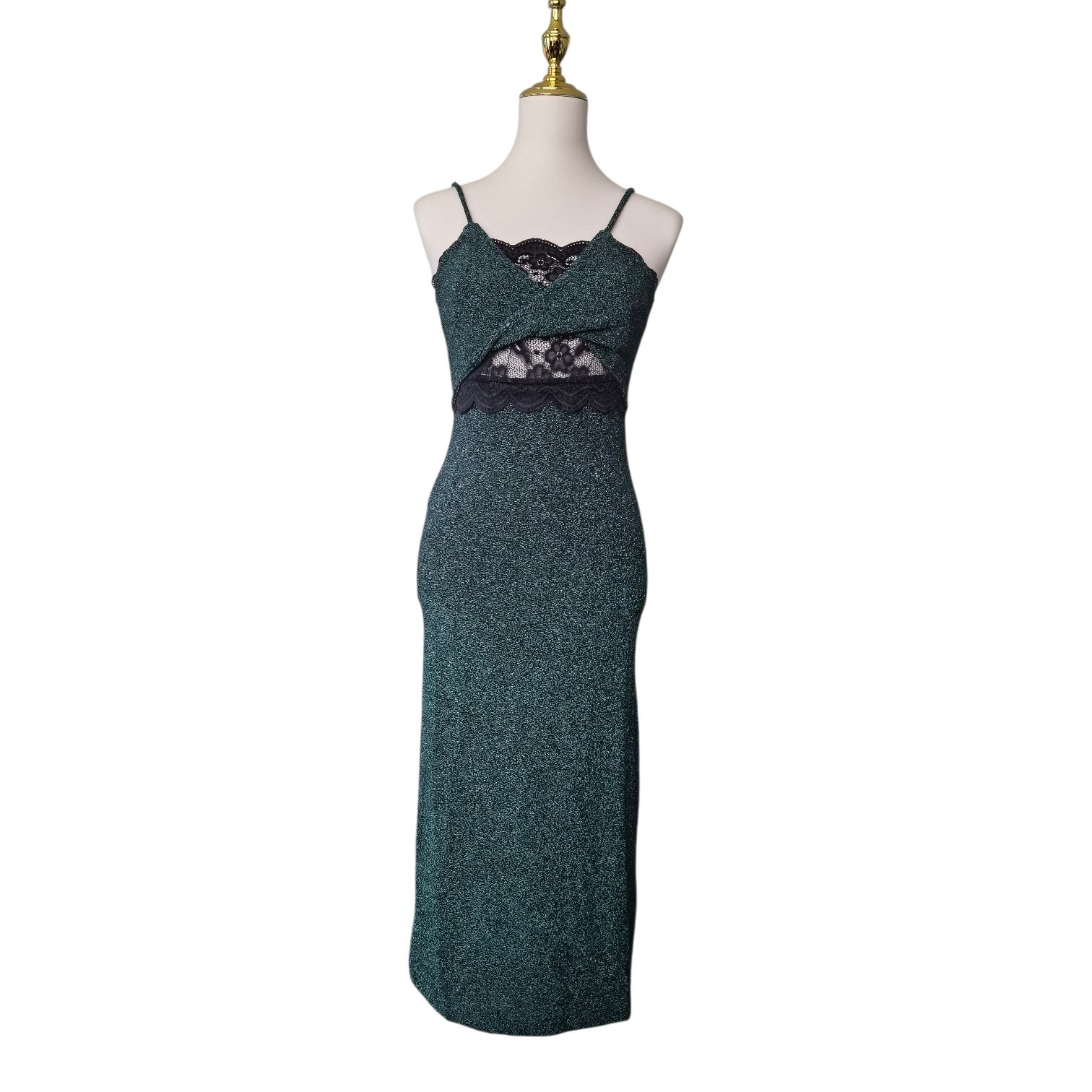 Current Air S Green Black Twist Front Lace Inset Sleeveless Midi Dress
