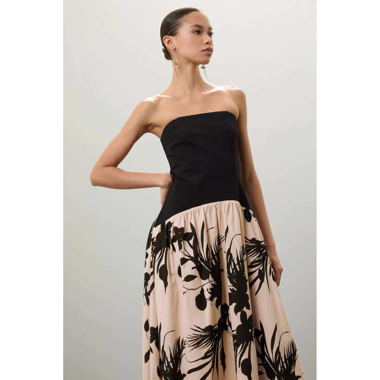 Love, Whit Strapless Drop Waist Dress Black Pink Floral Print Midi Sz XL