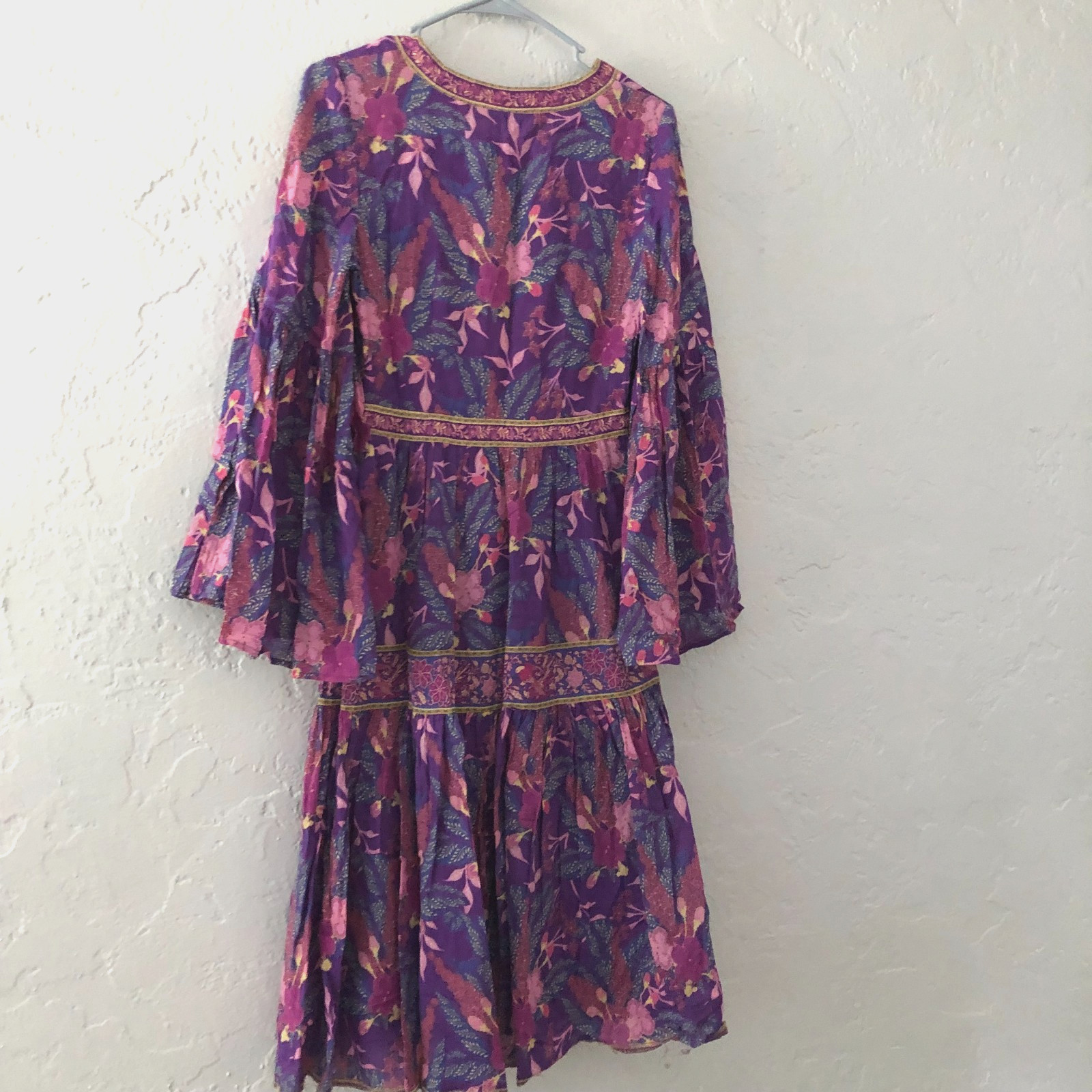 Spell & The Gypsy Bianca Dress Tiered Bell Sleeve Purple Floral V Neck Sz S READ