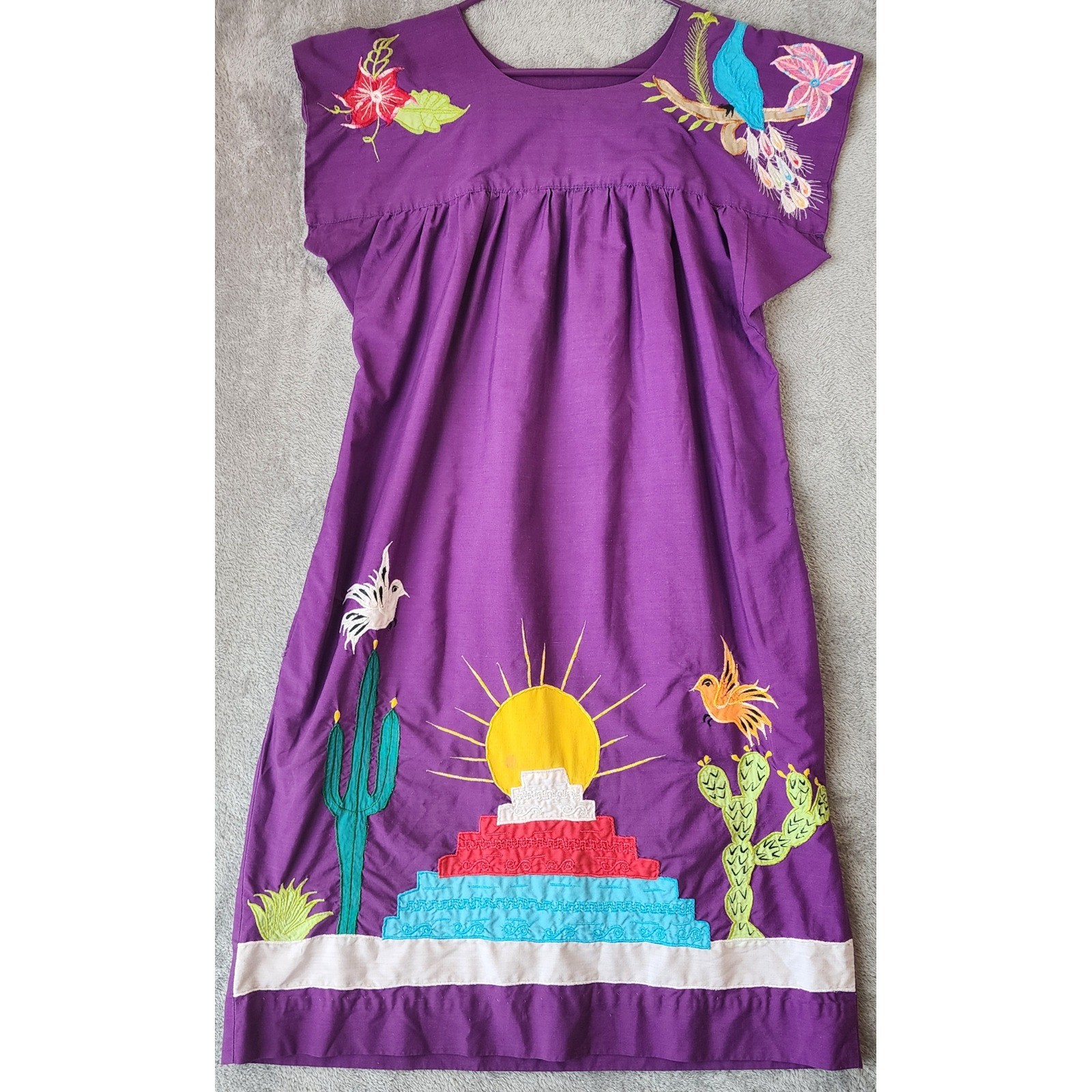 Womens Dress XL Purple Mexican Folk Art Embroidered Sun Pyramid Pockets Midi