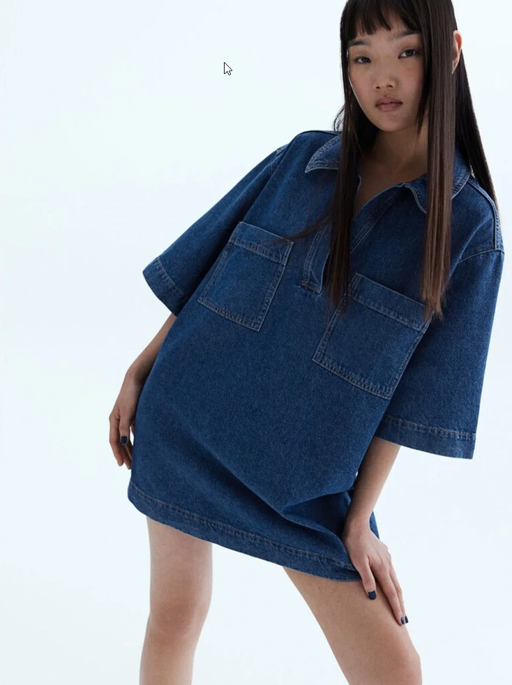H&M Indigo Denim Oversized Shirt Dress with Contrast Stitching XL 0 cotton