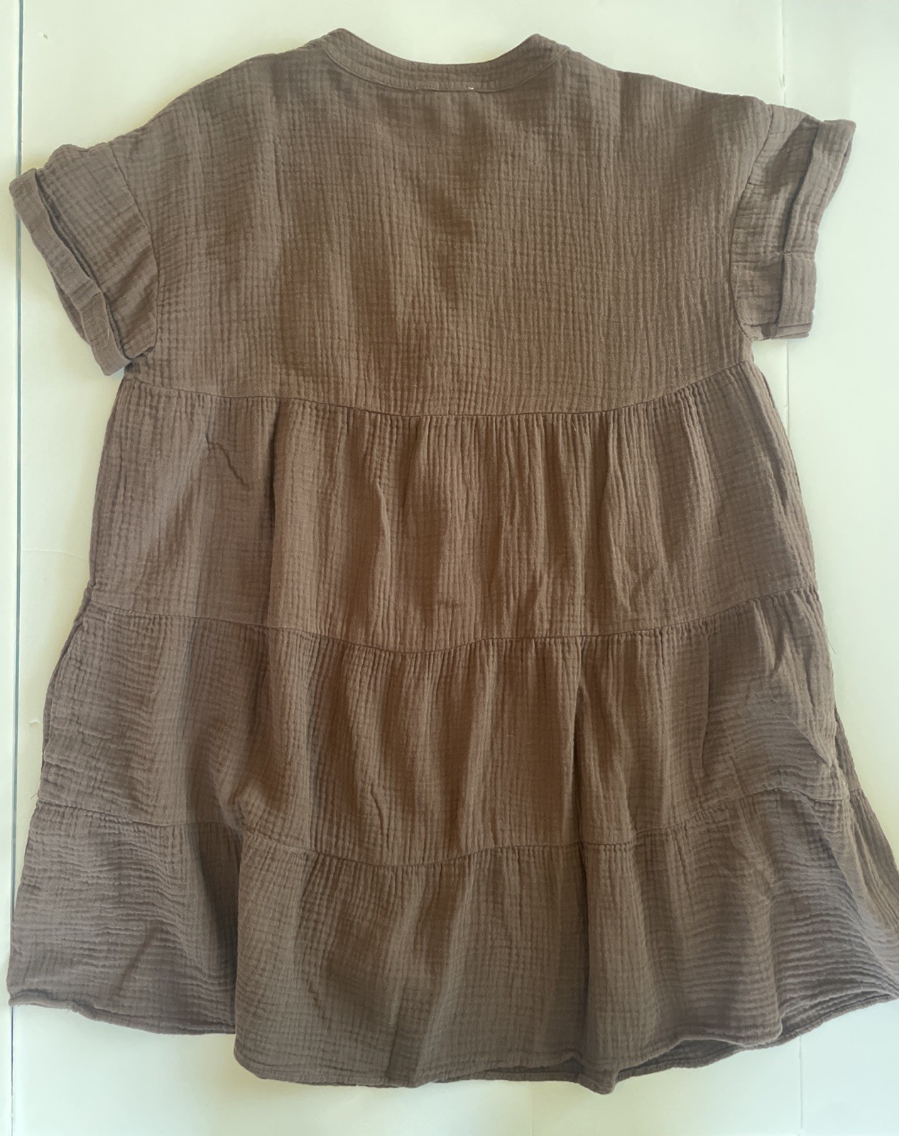 Promesa Mini Dress Crinkle Cotton Brown Women Small Pockets Short Sleeve