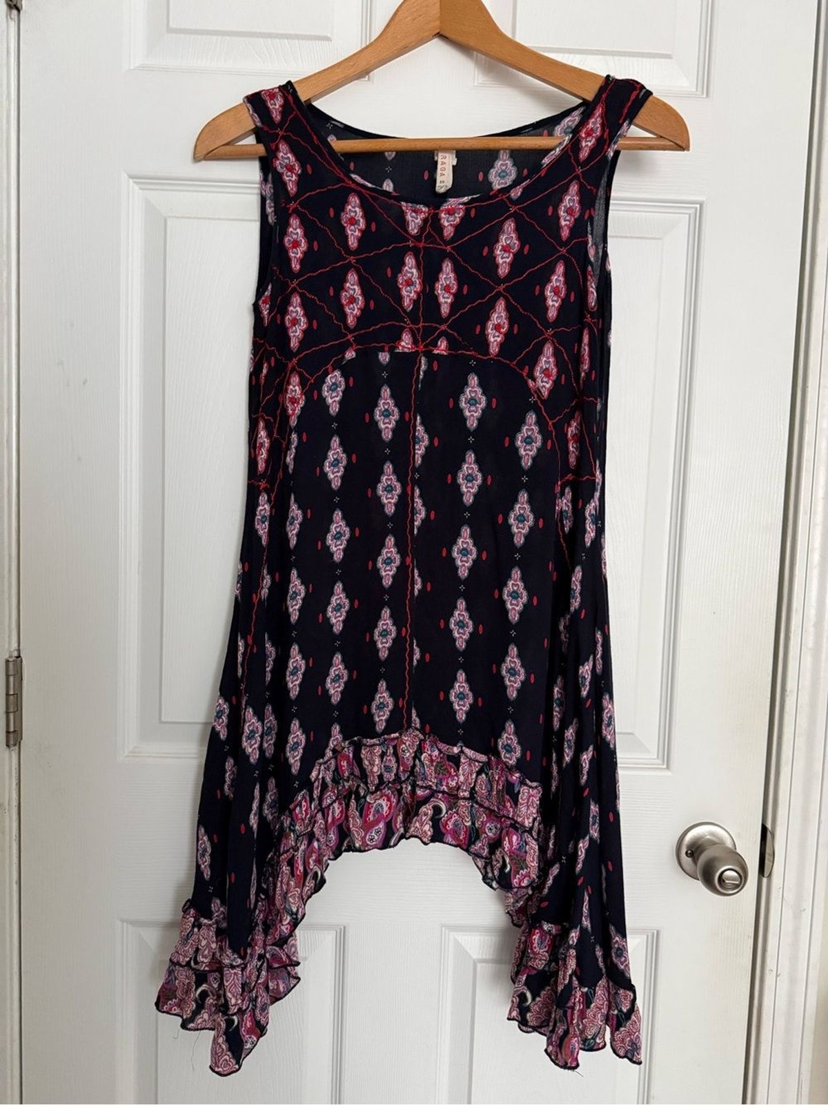 RAGA XS Embroidered Semi Sheer Navy Dress Floral Boho Whimsygoth Sharkbite Hem