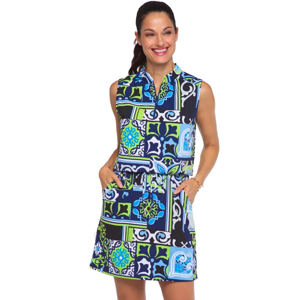 IBKUL Jacklin Sleeveless Drawstring Dress Size XS S XL Navy Lime Golf Womens NEW