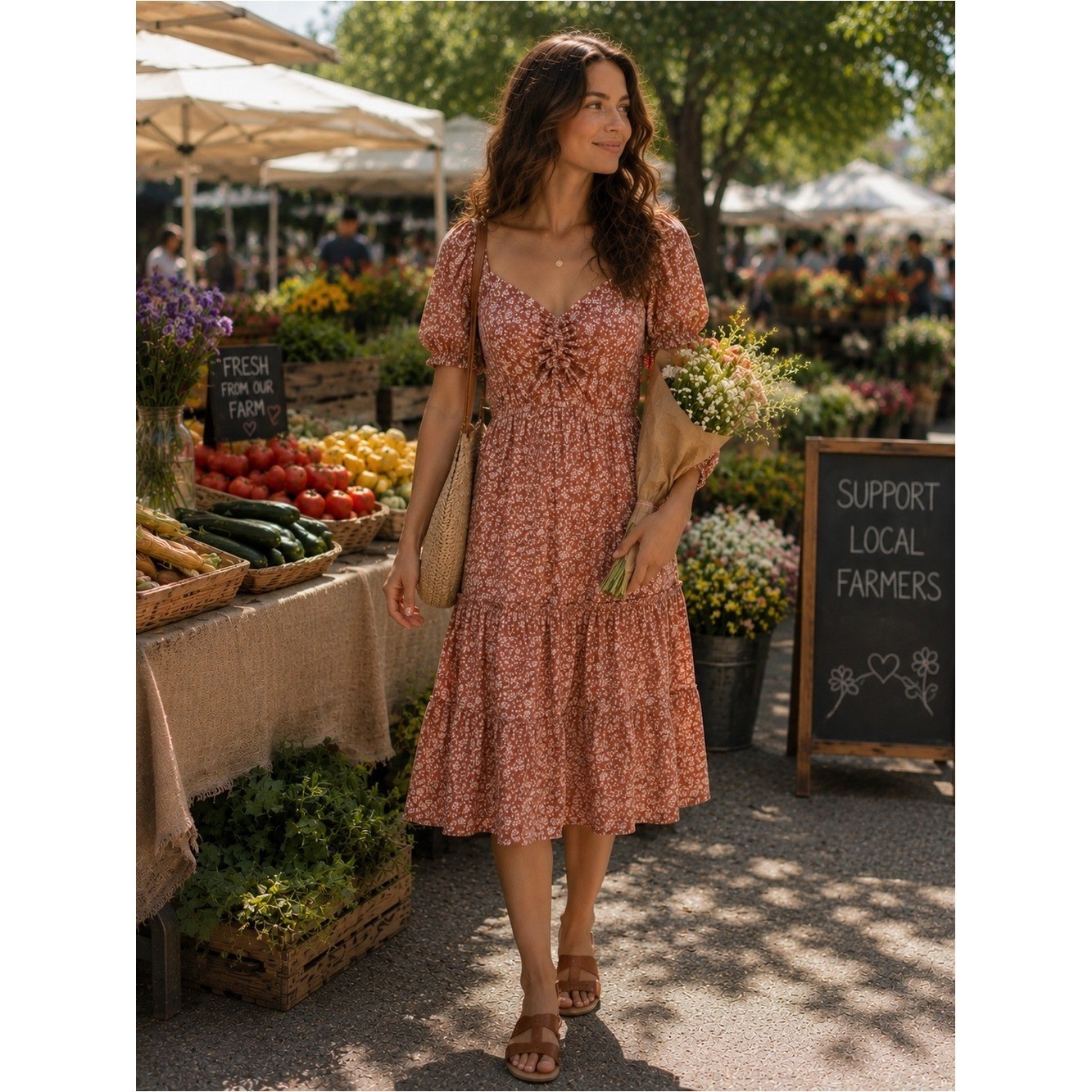 L Love Mauve Ditsy Floral Tiered Midi Dress Boho Cottagecore Peasant Milkmaid 2X