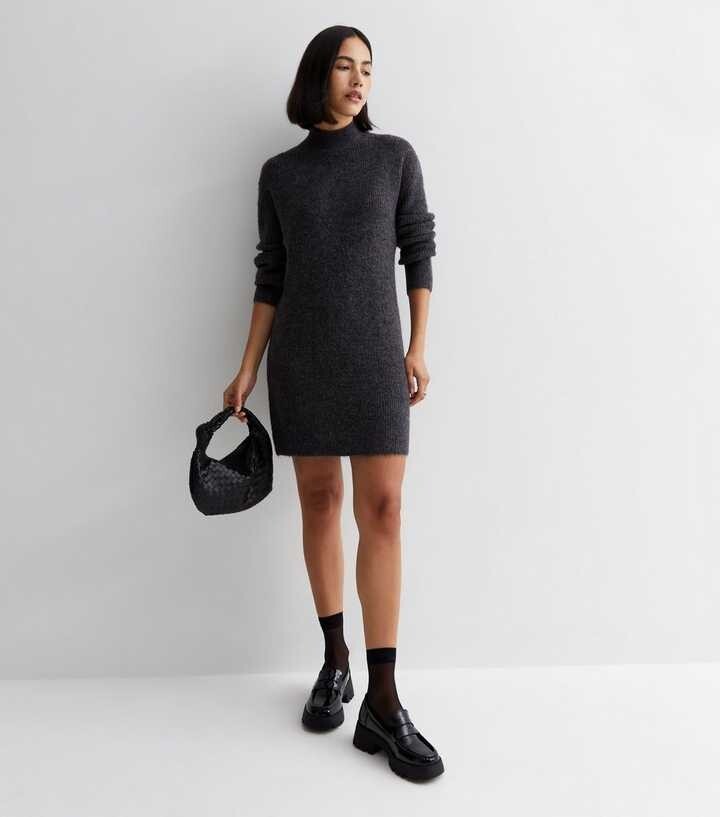 NEW LOOK Womens Dark Grey Soft Fuzzy Ribbed Knit High Neck Mini Dress Size L NEW