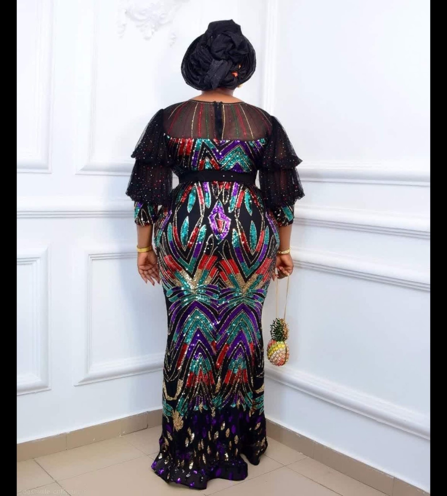 Luxury Black Multicolor Sequin Turkish Maxi Dress