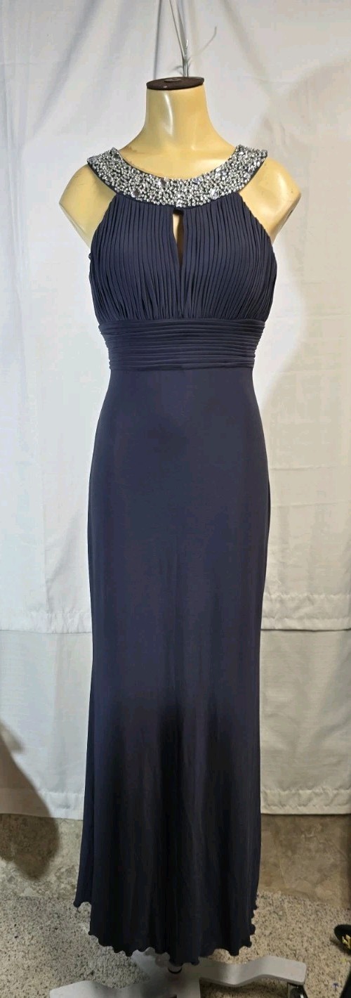 JS Boutique Gown 4 Navy Beaded Pleated Formal Evening Prom Maxi Dress