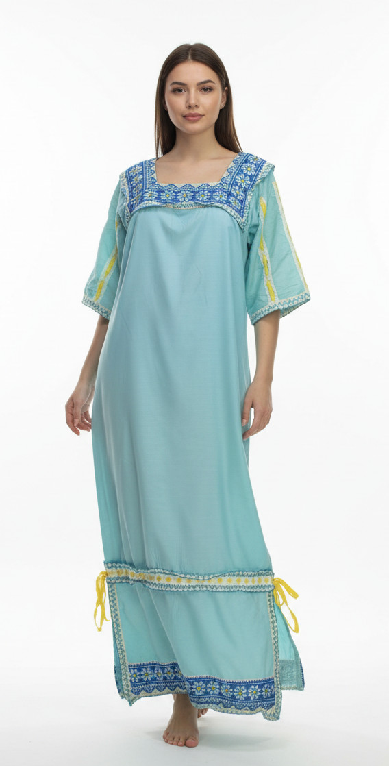 Handmade Boho Embroidered Maxi Dress Folk Style Green Size L/XL