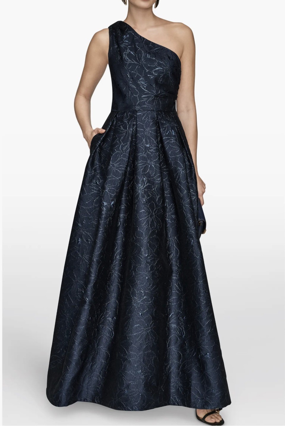 NWOT Donna Karan New York Jacquard Gown 12 One Shoulder Metallic Nightfall Navy
