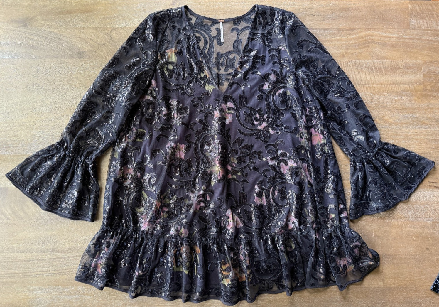 Free People Falling Flowers Embroidered Tulle Sequin Mini Dress Black Boho Large