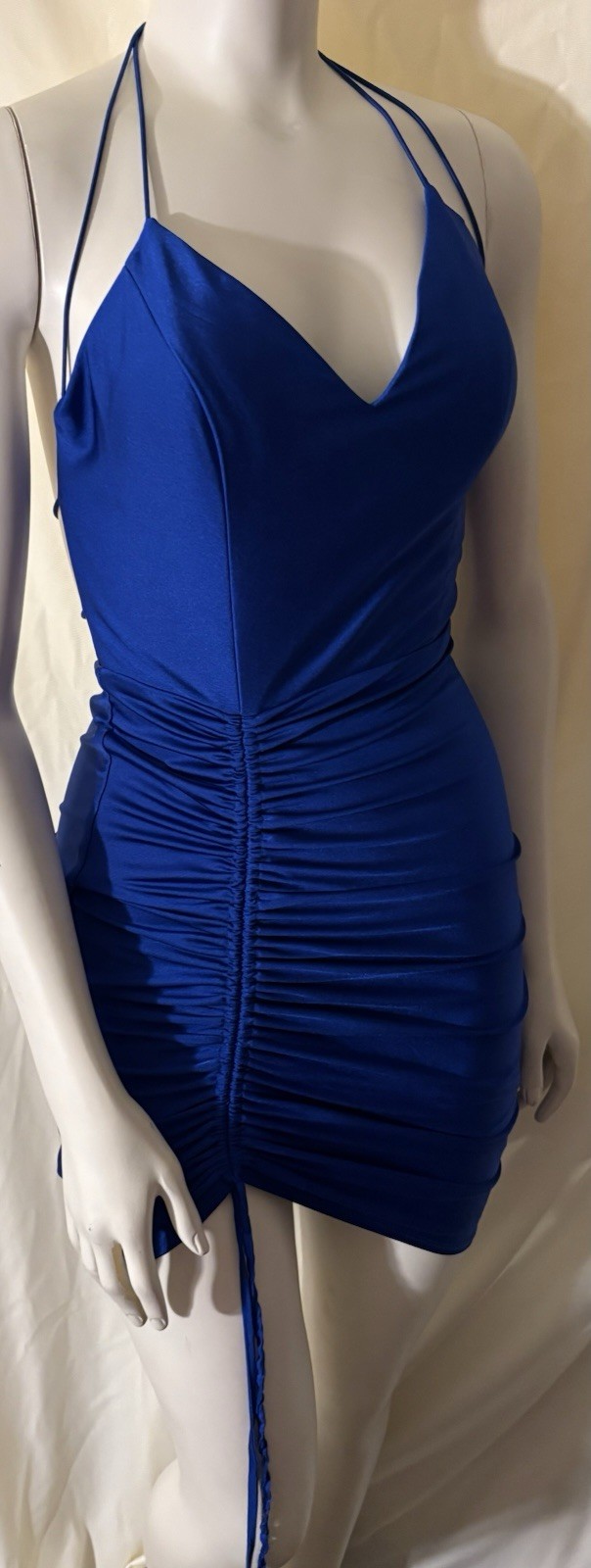 B-Darlin Blue Ruched Strappy Open Back V-Neck Bodycon Mini Dress S